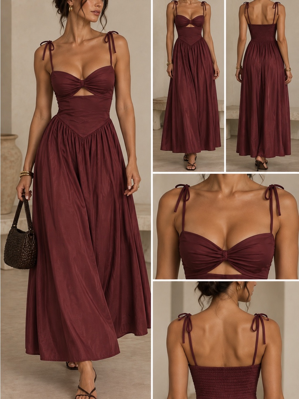 Sleeveless Tie-Shoulder Maxi Dress in Wine